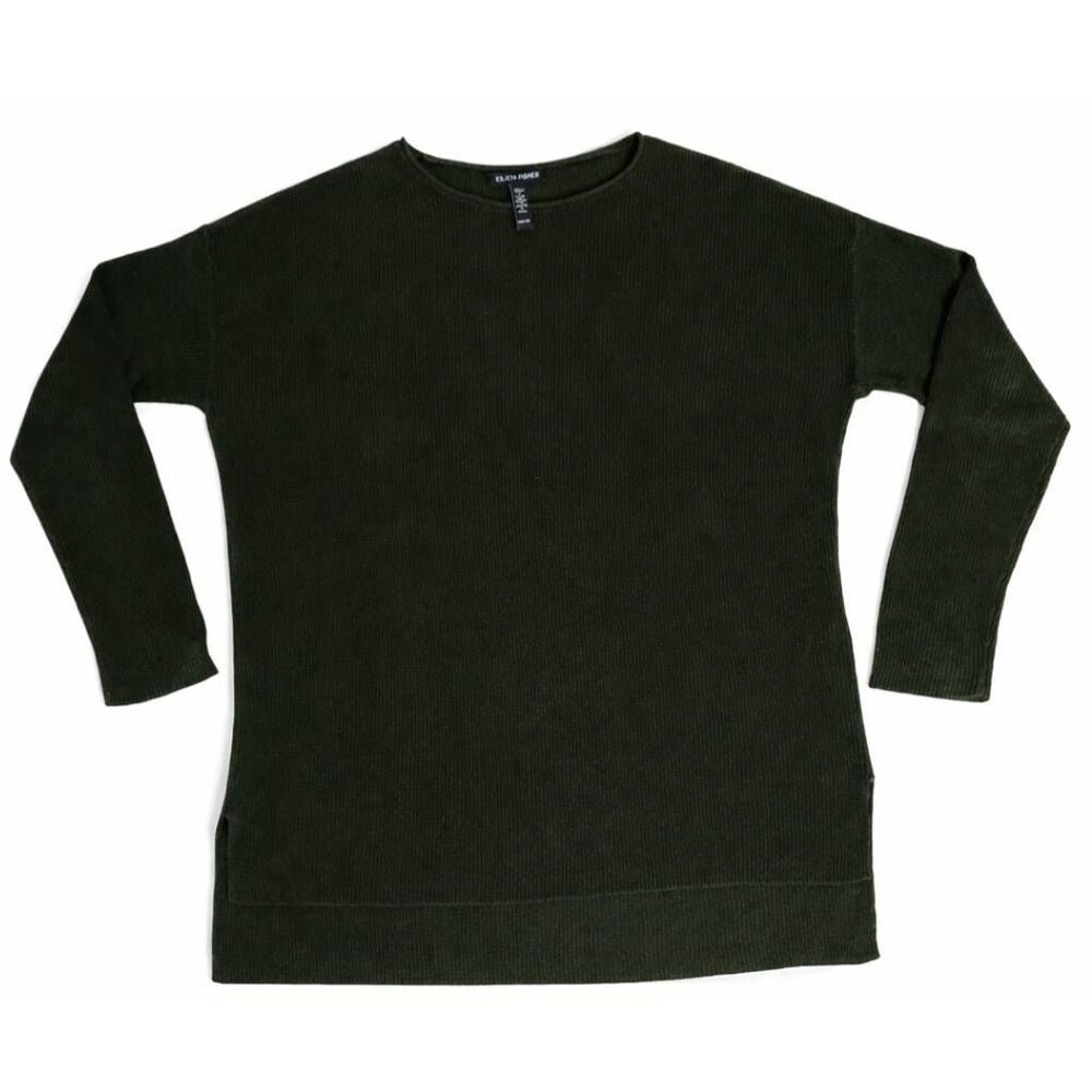 Eileen fisher womens medium organic linen cotton boxy sweater dark green